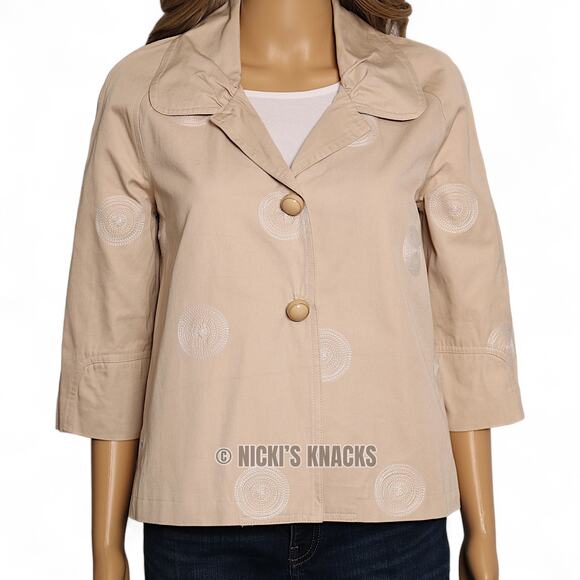 Johnny Was Embroidered Blazer Tan 3/4 Sleeve Boho Jacket Neutral Chic Size S - Picture 5 of 13